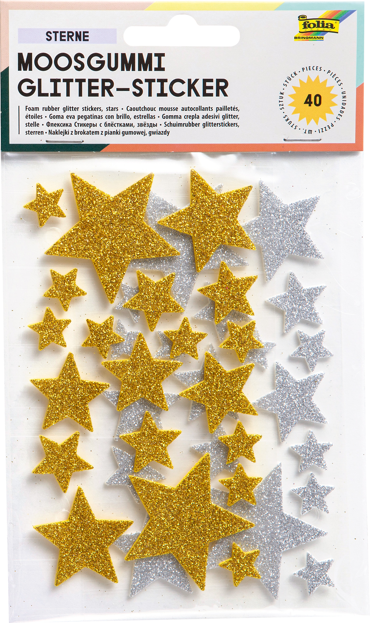 Moosgummi Glitter-Sticker Sterne 40 St�ck, einseitig selbstklebend