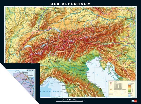 Wandkarte Alpenraum physisch